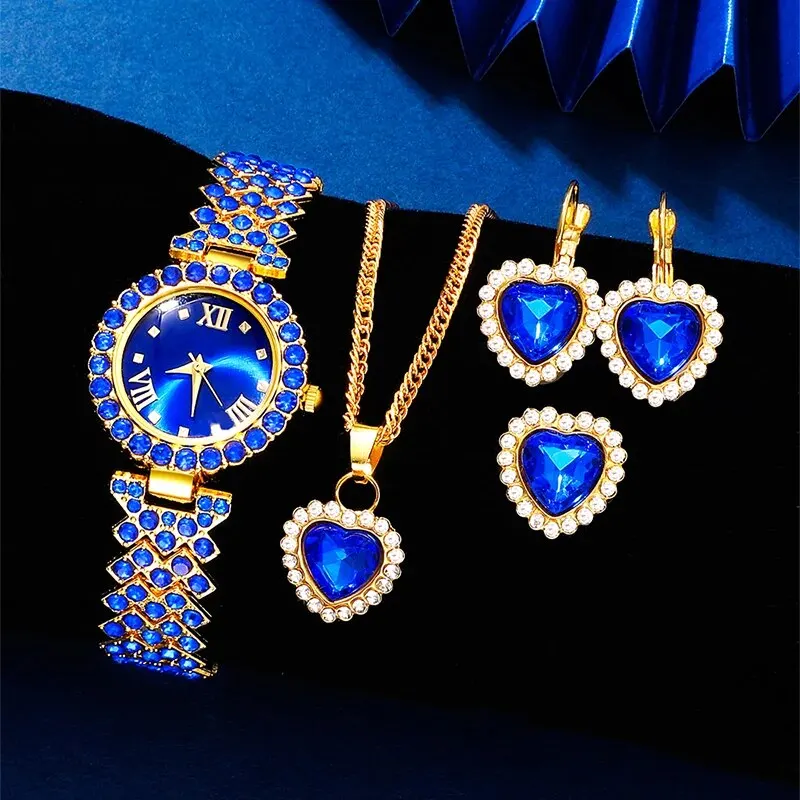 Nové luxusné hodinky Ženy Náušnice Náušnice Blue kamienok módne náramky náramok Castwatch Casy Ladies hodinky šperky set relogio feminino