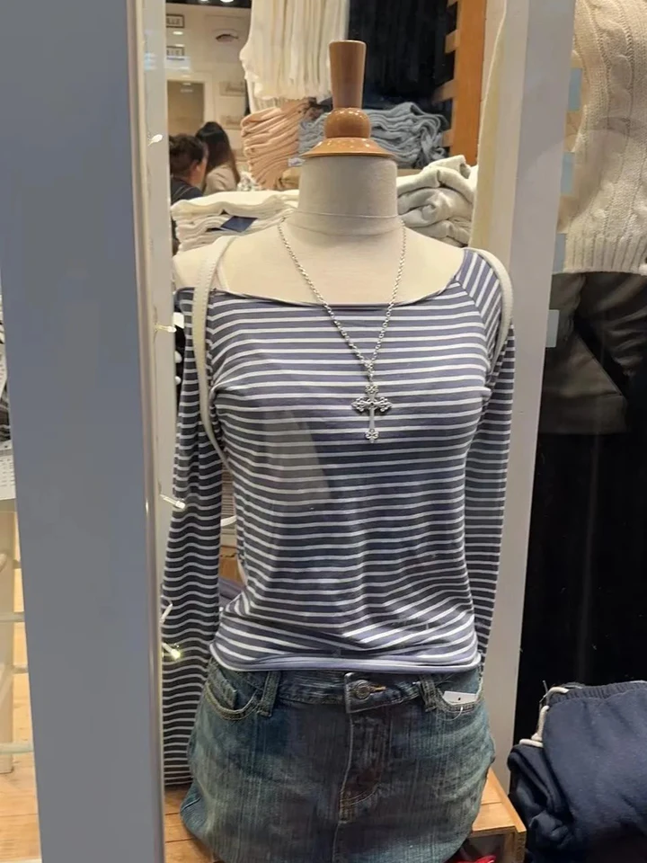 Nové modré pruhované tričko s dlhým rukávom Žena Jeseň sexy lomítko krk bavlnené tričká neformálne vinobranie Streetwear Slim Crop Tops