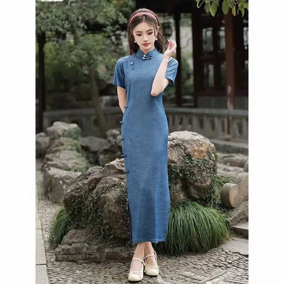 Nové modré retro cheongsam štíhle ženy dlhé čínske šaty vintage čínske tradičné qipao s xxl