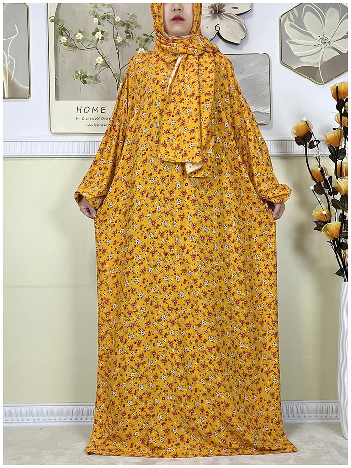 Nové moslimské abayas pre ženy ramadán Modlitba kvetinová voľná bavlna dubaj morčacie femme rúž africký tradičný šaty Turban pripojený
