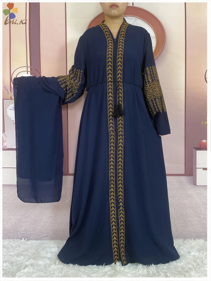 Nové moslimské elegantné ženy Otvorené šaty s dlhým rukávom Diamond Chiffon Rúch African Abaya Dámske oblečenie Dubaj Maxi Party Oblečenie