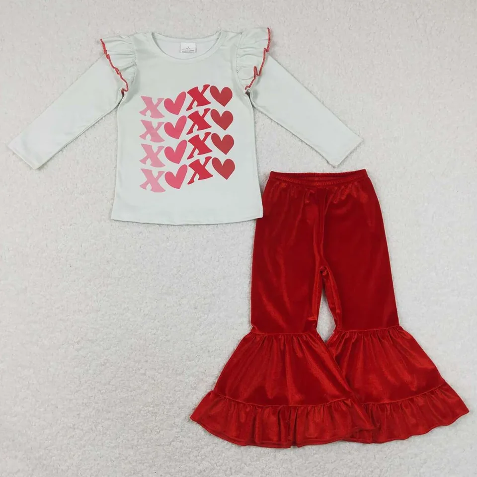 Nové módne detské dizajnérske oblečenie Dievčatá Valentines s dlhým rukávom Top Bell Pants Sety Boutique Dievčatá oblečenie oblečenie veľkoobchod