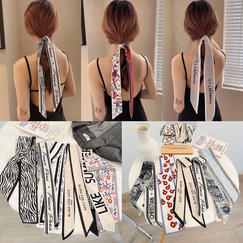 Nové módne hodvábne šatky Vlasy Long Ribbon Bow Kórejský tlačový list Hair šál Ženy držiak držiak na vlasy
