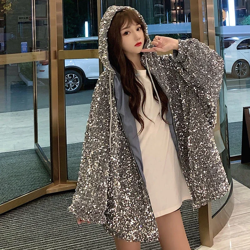 Nové módne luxusné lesklé flitrové bunda Ženy Kórejský štýl voľný bling bling s kabátom dámske dámske trendy bundy