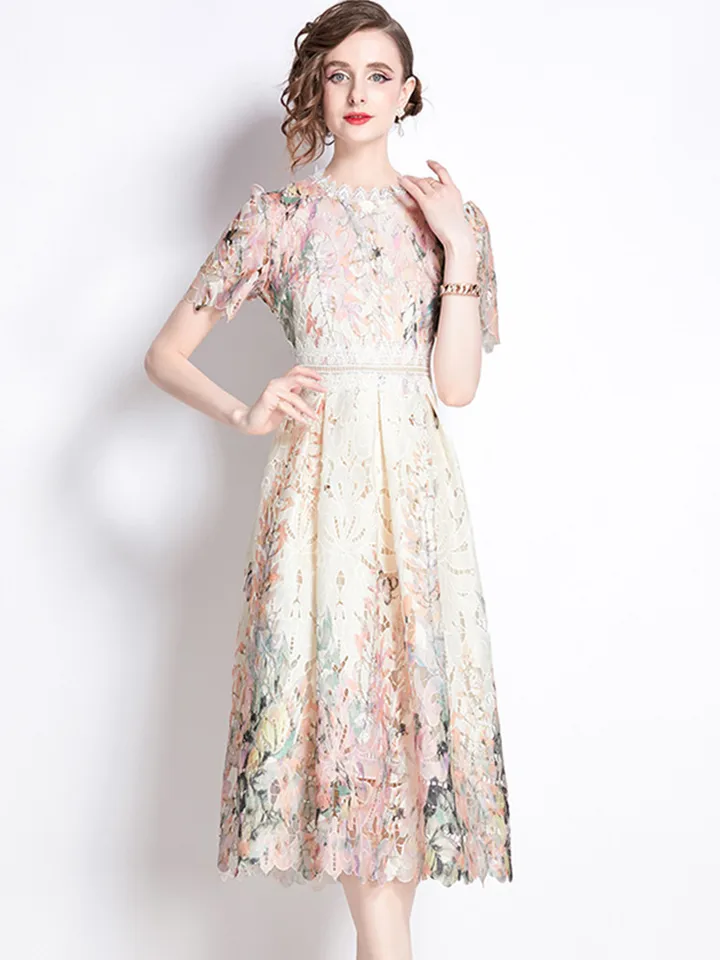 Nové módne tlačené čipky Dutlow Out Dress for Women Round Stand Golier Krátky rukáv s vysokým pásom stredne dĺžkovou dráhou šaty