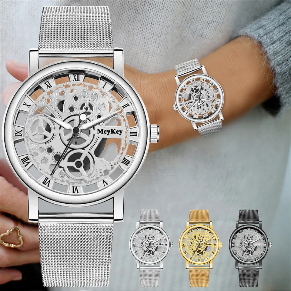 Nové módne top ženy duté kostrové faux mechanické hodinky Dámske hodinky kovové sieťové náramky pre ženské relogio feminino