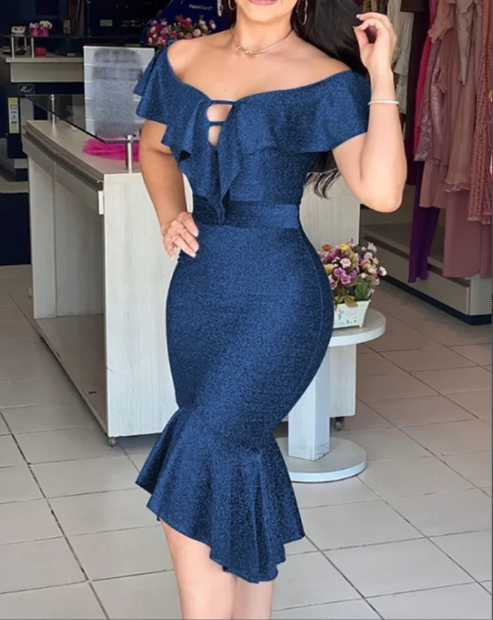 Nové módne trblietky Ruffles Cutout Asymetrické párty šaty temperament dochádzajúce leto nové dámske šaty dám