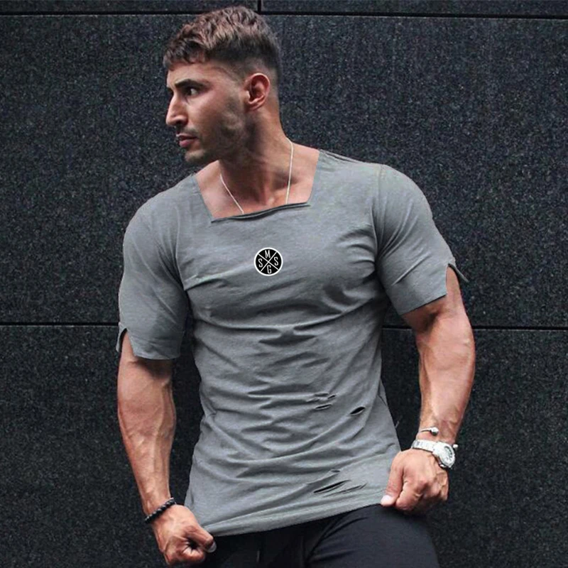 Nové módy letné roztrhané diery tričko Men Men z bavlny Priedušné odevy Pánske tesné rukávy Fitness Trič