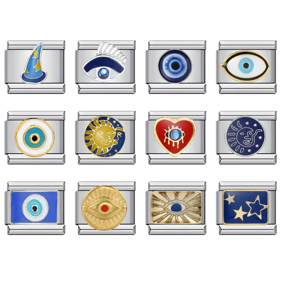 Nové módy zlé oči Moon Star Sun Heart Blue Charm Talianske odkazy Fit 9 mm náramok z nehrdzavejúcej ocele Men Dámske šperky DIY výroba