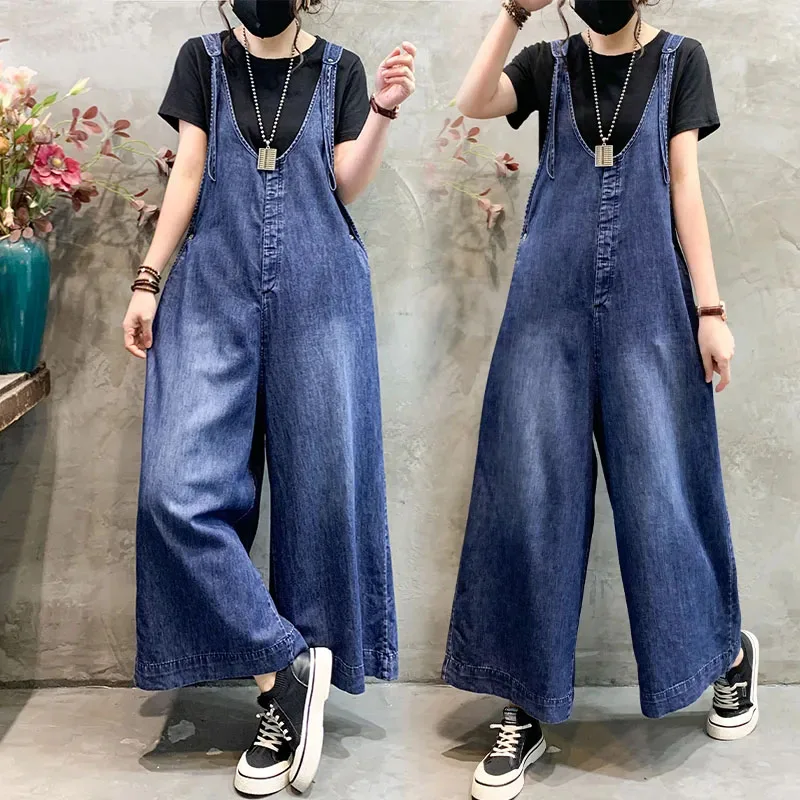 Nové nadrozmerné ženy Denim kombinézy Summer Streetwear Suspendes High Pase Rovné džínsy so širokými nohami Ženské príležitostné nohavice Rukoty