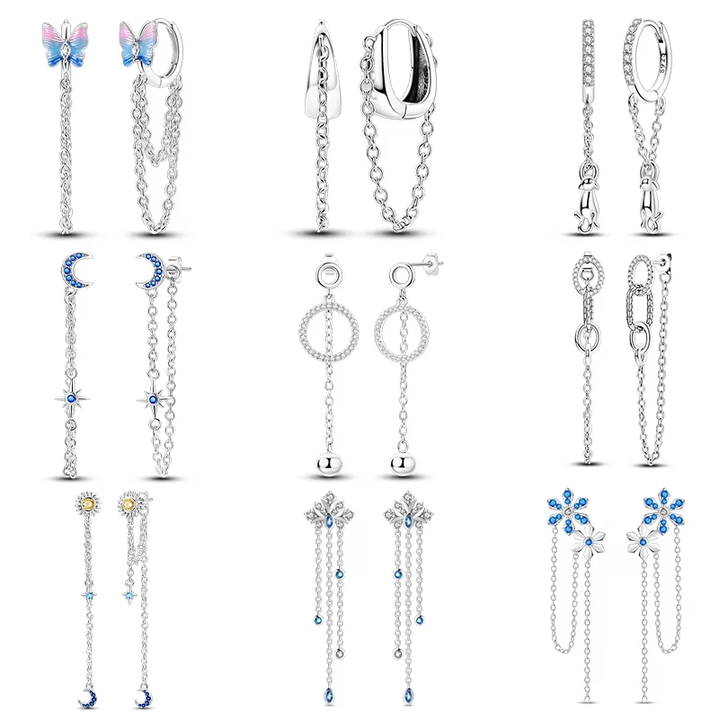Nové náušnice Tassel 925 Strieborné motýľ Snowflake Star Star Moon Stročné ušné gombíky pre ženy
