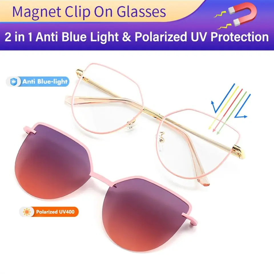 Nové okuliare 3 in-1 Trendový kovový rámec Cat Eye Eye Anti Blue Light Guels s magnetickými polarizovanými šošovkami slnečných okuliarov