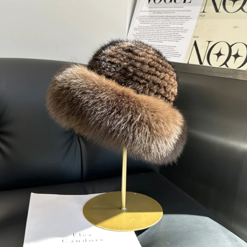 Nové originálne skutočné prírodné mink kožušinové čiapky luxusné ženy ručne vyrábané pletené módne zimné pokrývky hlavy teplé reálne líšky kožušinové čiapky