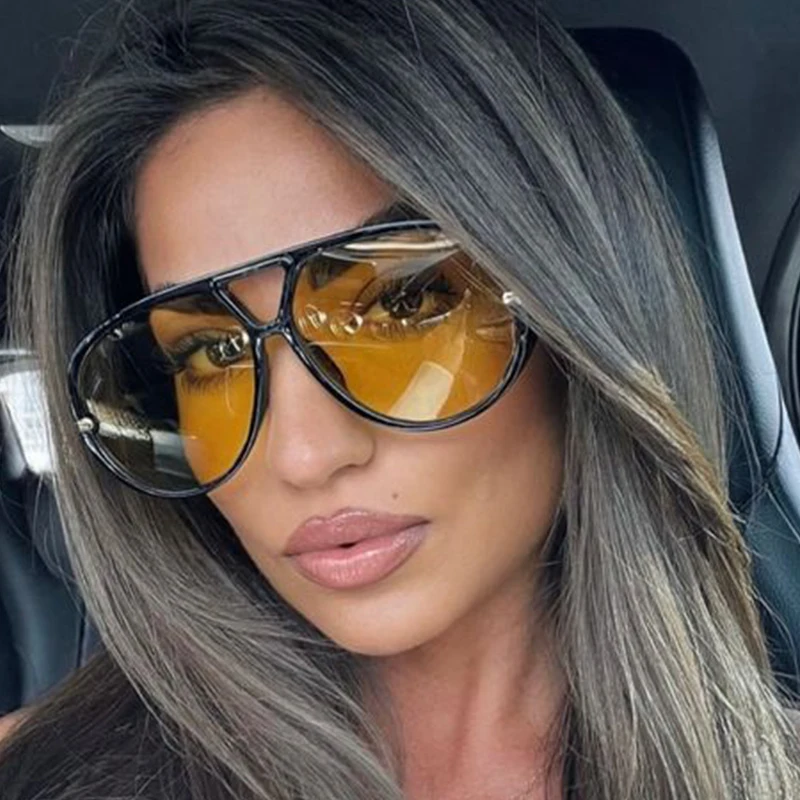 Nové pilotné dámske slnečné okuliare Big Frame Design Design Double Bridge Shades UV400 Vintage dámy čierne oranžové dovolenkové slnečné okuliare