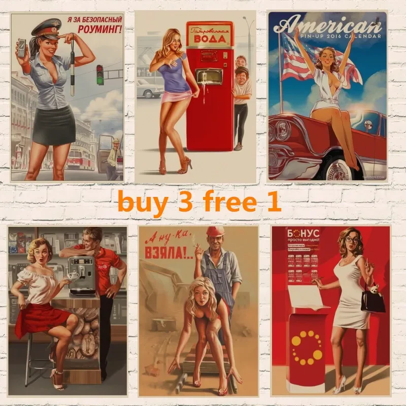 Nové pinup girls klasické druhú svetovú vojnu vintage retro kraft papier plagát Pink Up Girl Dekoratívna maľba Domáca izba Výzdoba