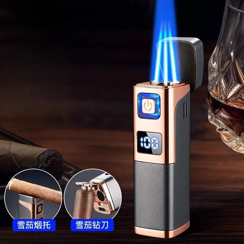 Nové priame vstrekovanie Triple Flame Blue Flame Cigar Cigar Špeciálny zapaľovací plyn a elektrické prenosné cigaru