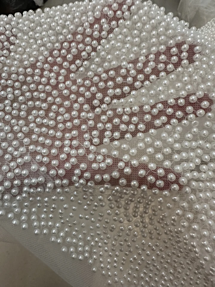 Nové priehľadné okrúhle okrúhle biele korálky Tkanina Full Pearl Lace French Tulle Tkanina pre svadobné spoločenské šaty šitie DIY