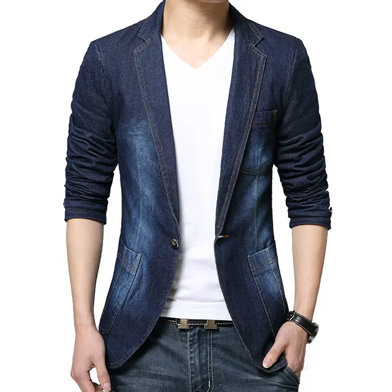 Nové pánske džínsové blazer muži módne bavlnené vintage oblek bunda 4xl mužský modrý kabát denim bunda Men Slim Fat Jans Blazers