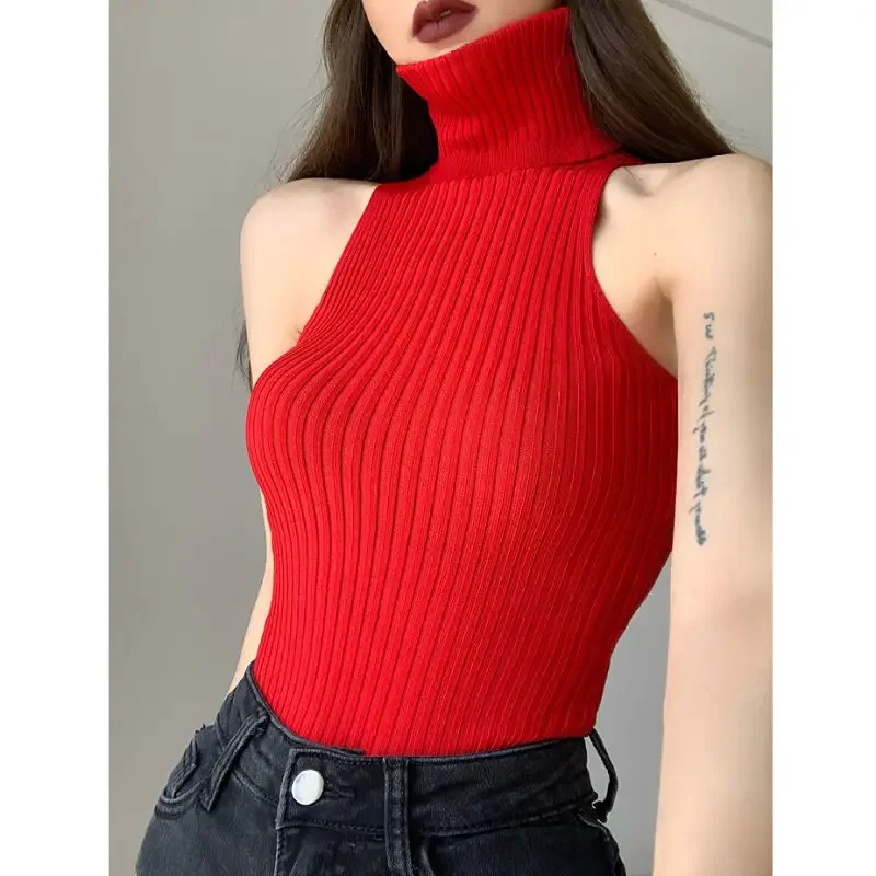 Nové rolák Y2K Pulloves Tops Black OfF Tank Tops Topy Women Pletené odpaliská Horúce chudé okrúhly krk Slid handrička