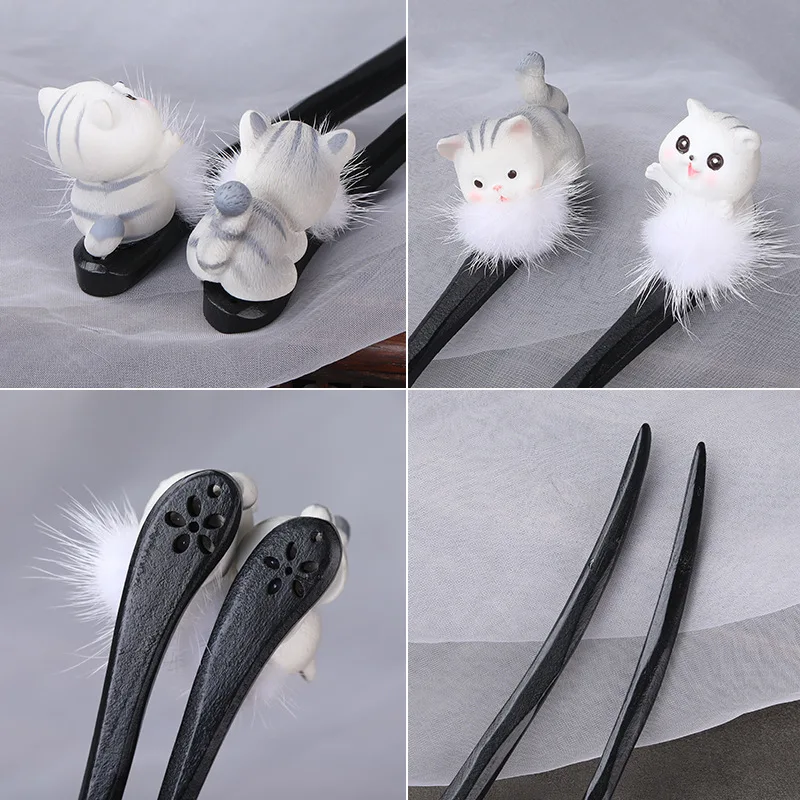 Nové roztomilé kreslené mačacie plyšové guľky Drevené vlasové panovy Hairpin Stary Hairball Hairpin Hanfu Cheongsam Headdress Hair Príslušenstvo