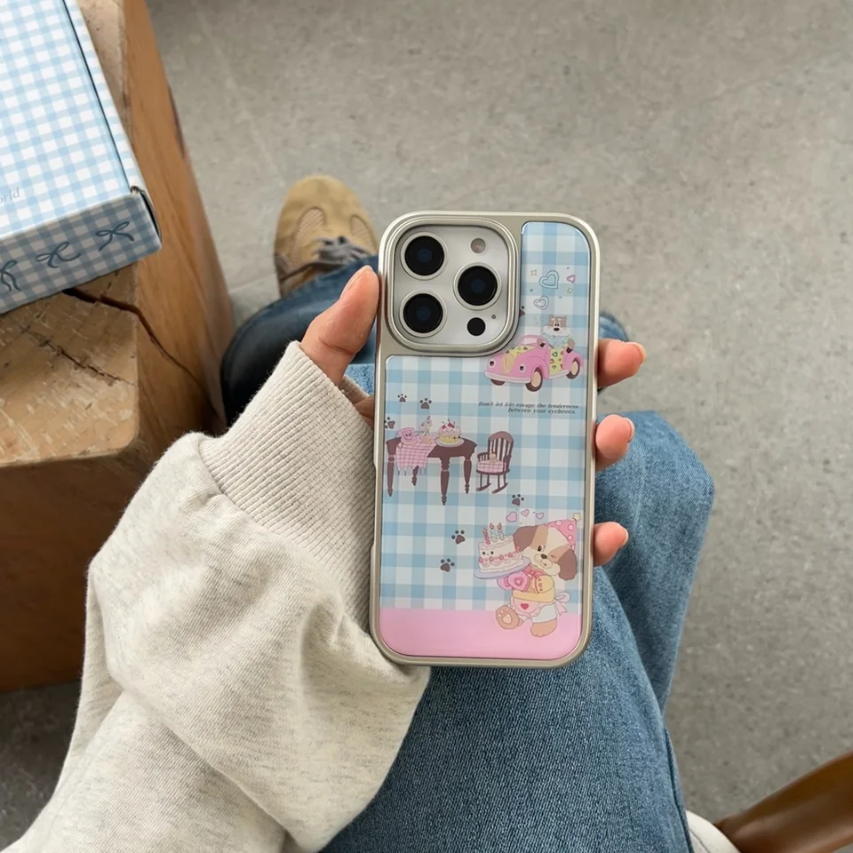 Nové roztomilé šteniatko modré kockované puzdro pre iPhone 16 16Pro 16Promax 15 15Pro 15Promax 14 14Pro 14Promax 13 13Pro 13Promax
