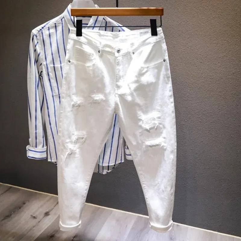 Nové roztrhané džínsy muži biele módy Harem Mužské nohavice All-Match Stretch Pohodlné džínsové nohavice na streetwear džínsové nohavice