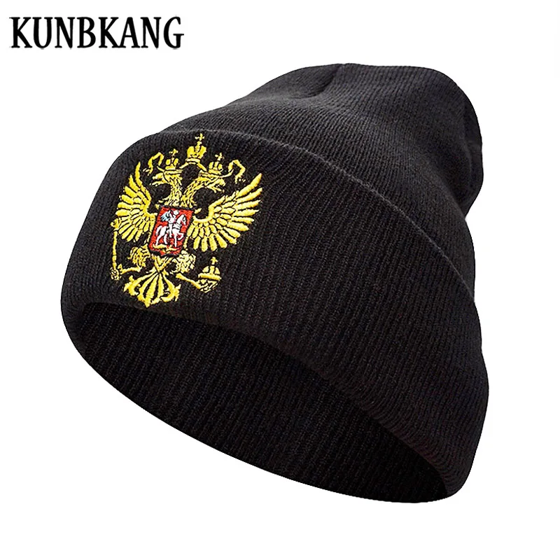 Nové Rusko zimné klobúky Men Ženy teplý ruský znak pletený klobúk lebky Čierne unisex zimná zimná maska ​​Čianota pletená čiapka