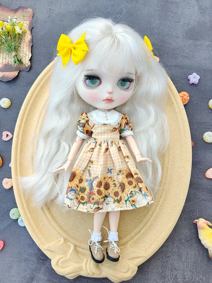 Nové ručne vyrábané ľadové DBS Blyth Doll Clothes Sunflower Sunflow s krátkym rukávom Barbies Roztomilé šaty pre ymy ob24 ob22 bábiky