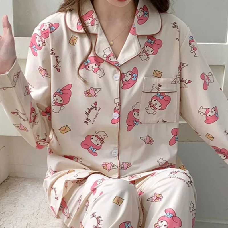 Nové Sanrio My Melody Kawaii Pajamas Spring Dámske dámske hodvábny hodváb s dlhým rukávom spánok