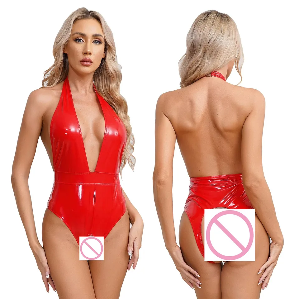 Nové sexy dámske seethru BodySuit Adult Sexy Hot Red Hollow Out Wetlook Kostým Deep V Open Crotch Lingerie Sleepwear