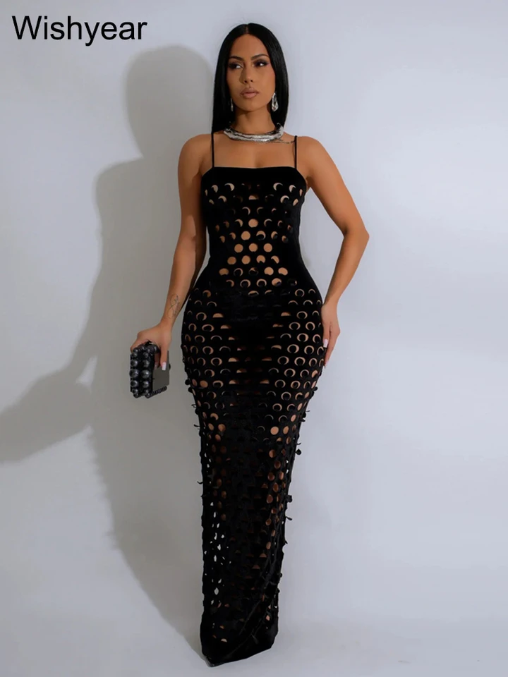 Nové sexy špagety remienok dlhé šaty Dámske oblečenie Dutiny Out Bodycon čierne maxi šaty elegantné narodeniny večerné hosť
