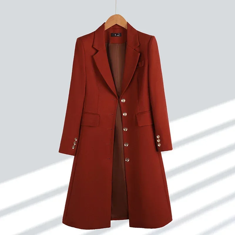Nové single Breased Mid Long Suit Lady Office Blazer Wimate Windbreakers Vrcholy Vysoko kvalitné jesenné zimné ženy Blazers 2025