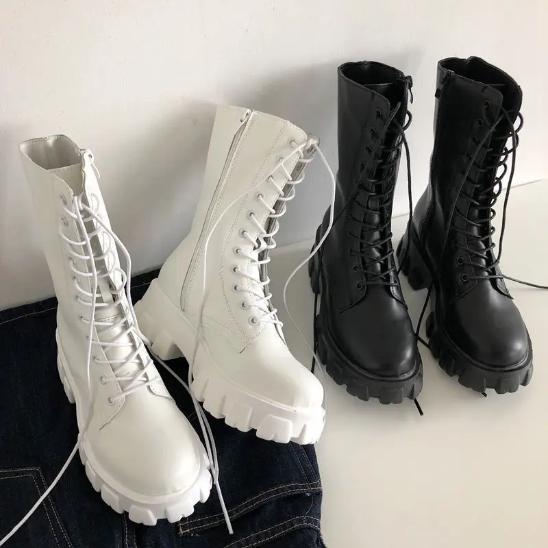 Nové stredné teľacie topánky Ženy Jeseň Zimná módna šnurovanie Lady Chelsea Zipper Botas Mujer Boots Sports Platform Päta dámske topánky