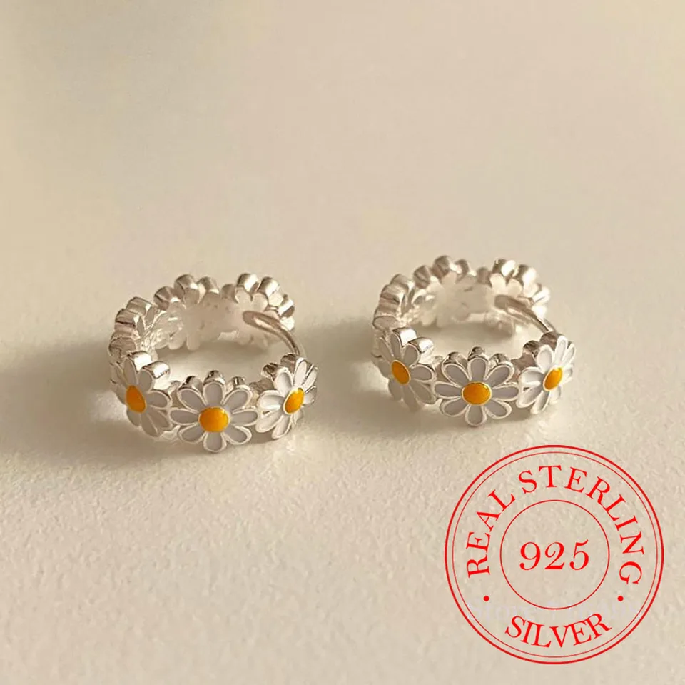 Nové v 925 Sterling Silver Daisy Ring Hoop náušnice pre ženy Luxusné elegantné šperky Najpredávanejšie predmety