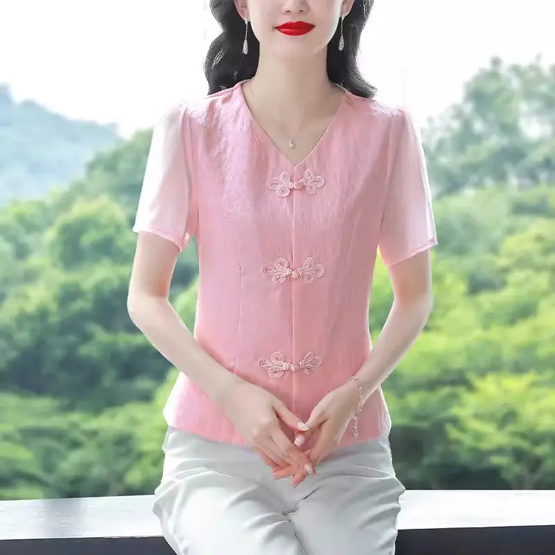 Nové vinobranie gombíky Jacquard Top Chinese 2024 Summer Dámsky stredný vek Nový Tang šifónová košeľa s krátkym rukávom K687