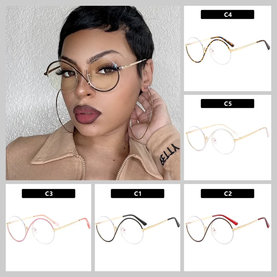 Nové vinobranie kovové polovičné rámové okuliare Rámy rámy okuliarov pre ženy Asymetrické ploché šošovky Anti Blue Lens Polovičné rámové okuliare