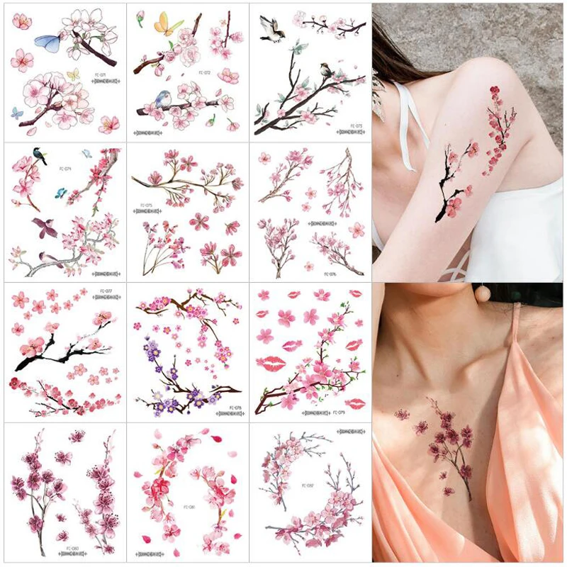 Nové vodotesné kvety sakura kvety tetovanie nálepky čerstvá hrudník goliera ruky ruka tela prenos tetovania tetovania tetovania