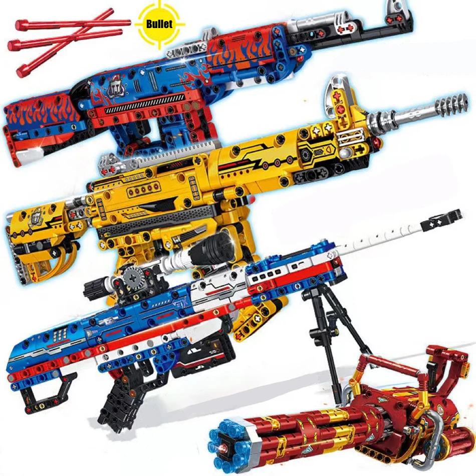 Nové vojenské zbrane MOC AK47 M4A1 Barrett Sniper Gatling Gun Model Building Blocks Zhromaždenie Hračky Hračky pre deti Darčeky