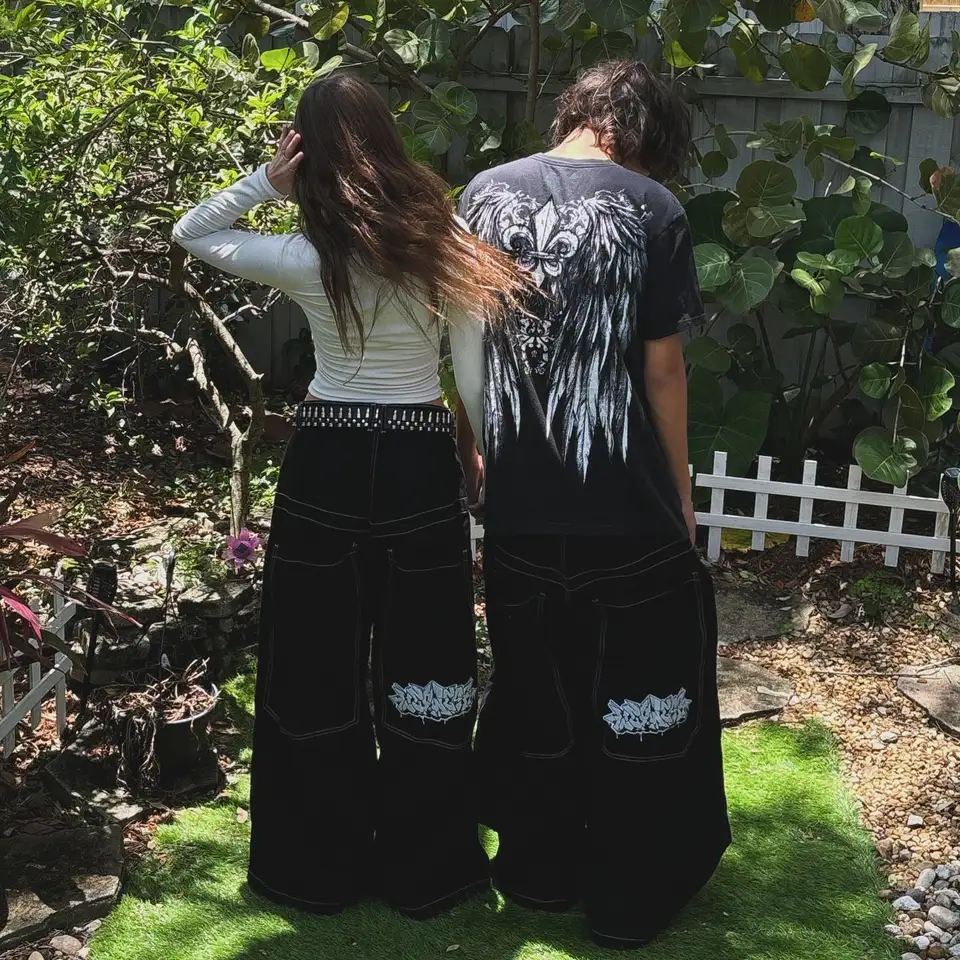 Nové vyšívané veľké znamenie Y2K Baggy Jeans Streetwear Men Ženy Vysoký pás Široký pás Hip Hop Harajuku Čierne nohavice