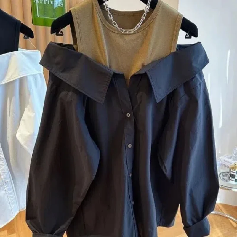 Nové z ramien blúzky Ženy štíhle a voľné tank Top Top Top Top s dlhým rukávom košele jesenné okrúhle krk módne košele Dámske top