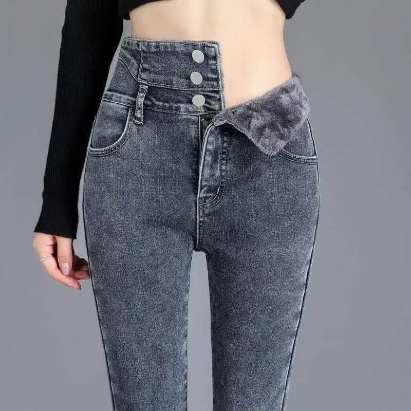 Nové zimné silné zamatové ženy Vysoký pás Skinny džínsy jednoduché fleece teplé štíhle fit tiahla dámy Príležitostné džínsové džínsové nohavice