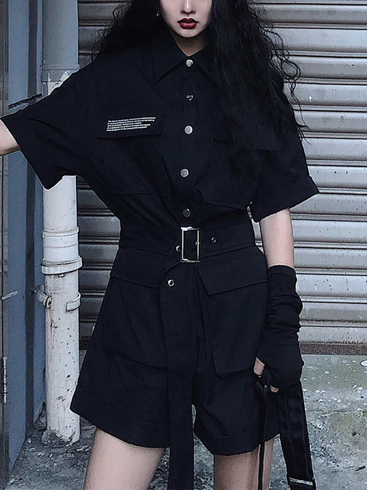 Nové čierne gotické ženy kombinézy leto Kórejské koreany harajuku vinobranie hranenia sexy štíhle krátke rukávy Top kraje