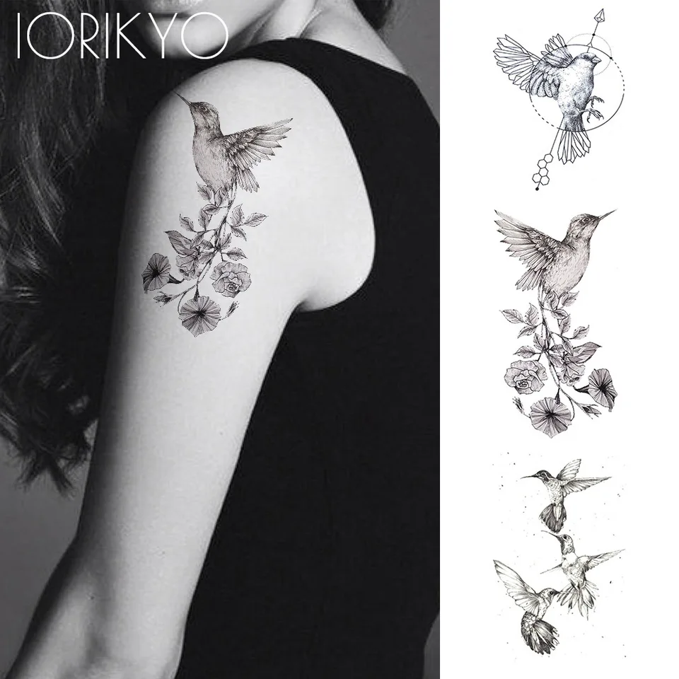 Nové čierne kolibrík Dočasné tetovacie nálepky Ženy Arm Peruzku náčrt vodotesných tatoos dievčatá predlaktie vtáky falošné tetovanie kvetina