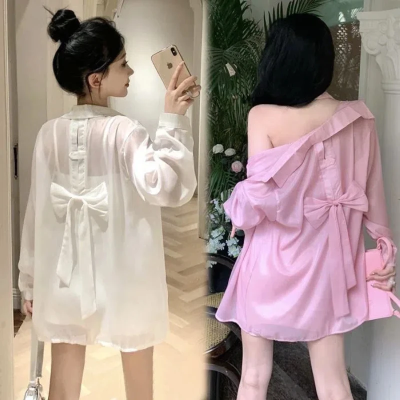 Nové čínske topánky národného štýlu Tops Summer Solid Bow Casy Loose Long Ruckve Pozrite sa cez košeľu ochranu pred slnkom