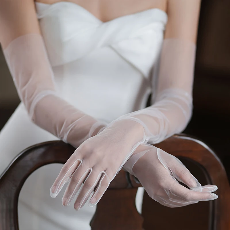 Nové číre rukavice tylu Svadobné svadobné rukavice lakťové dlhé prsty DIY fotografické strieľanie nevesty rukavice Ženy Pageant Prom Handschuh