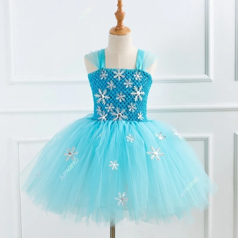 Nové šaty modrej princeznej pre dievčatá Snow Queen Tutu oblečené kostýmy pre deti Novoročné oblečenie Snowflake Vianočné oblečenie