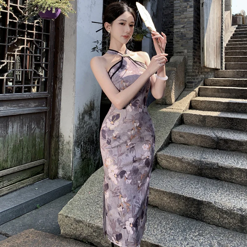 Nové šaty v čínskom štýle Ženy Sexy tlač kvetiny qipao Vylepšené halter cheongsams bez rukávov bez rukávov