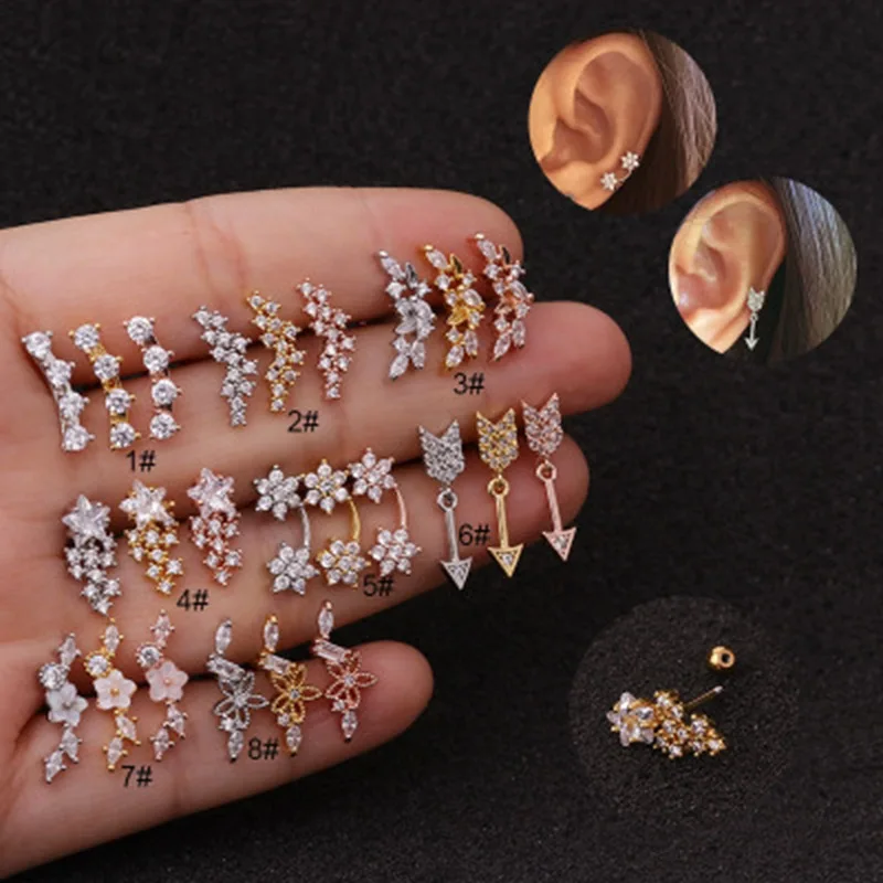 Nové štýly1pc ružové zlato a strieborné farebné uši chrupavka náušnice z nehrdzavejúcej ocele Helix Piercing Jewelry Rook Loby Stud
