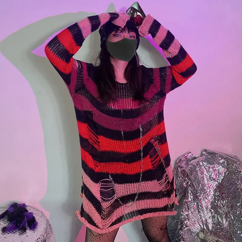 Nové ženské sveter gotický punk pruhovaný pletený sveter skokan voľný dutina z dĺžky dlhého pulloveru mujer harajuku streetwear