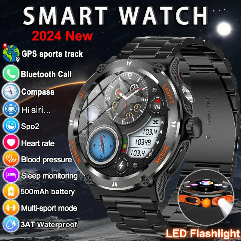 Noví muži Rugged vojenské inteligentné hodinky Bluetooth Call GPS Track Compass 500 mAh Hearte Fitness Tracker 3ATM Witerproof Smartwatch
